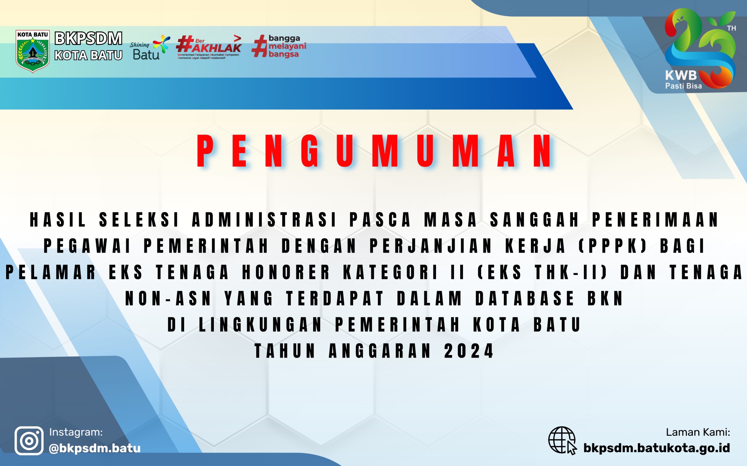 Pengumuman Hasil Seleksi Administrasi Pasca Masa Sanggah Penerimaan PPPK di Lingkungan Pemerintah Kota Batu Tahun Anggaran 2024